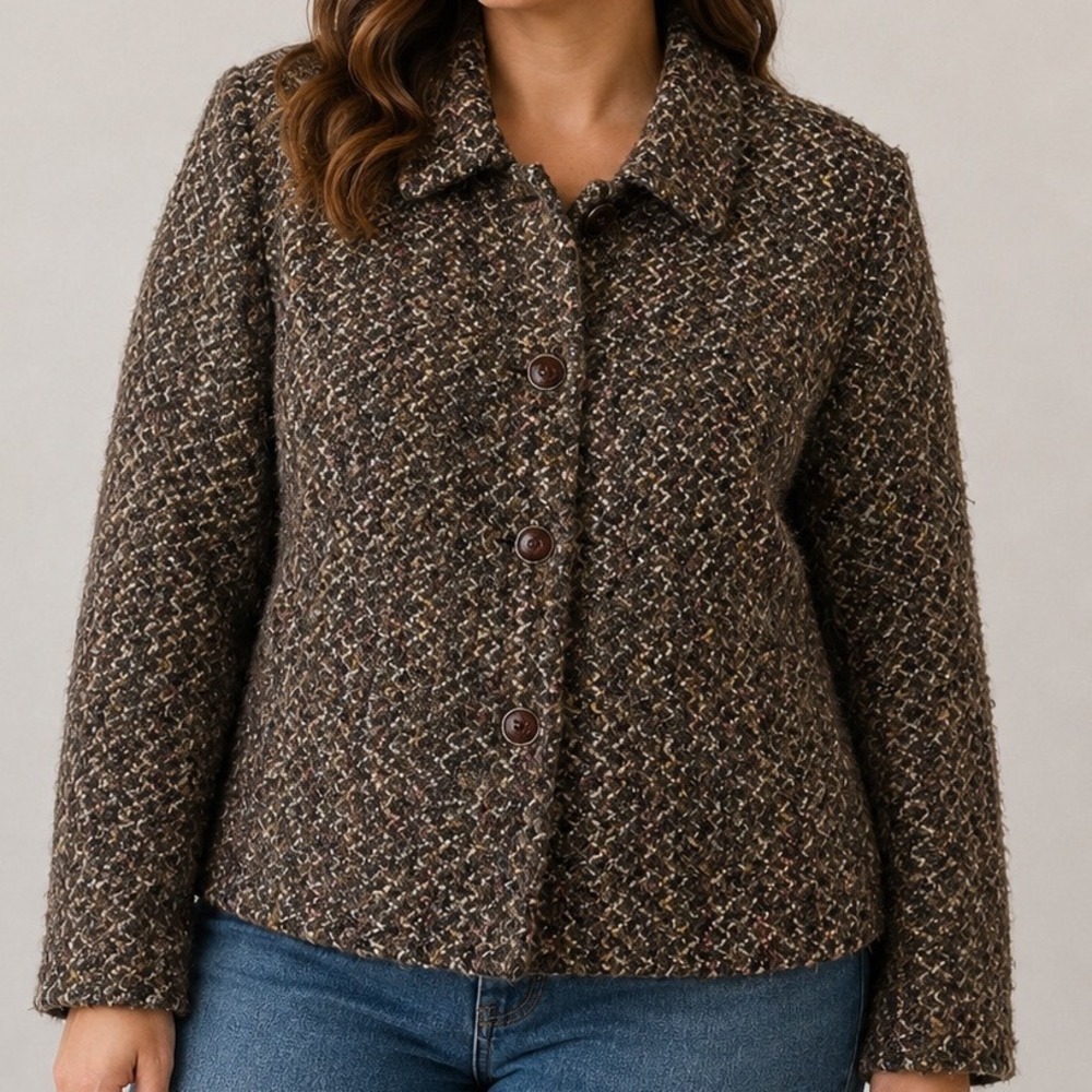 Vintage Boucle Tweed Jacket Women's 12 Brown Textured Button Front Cottagecore